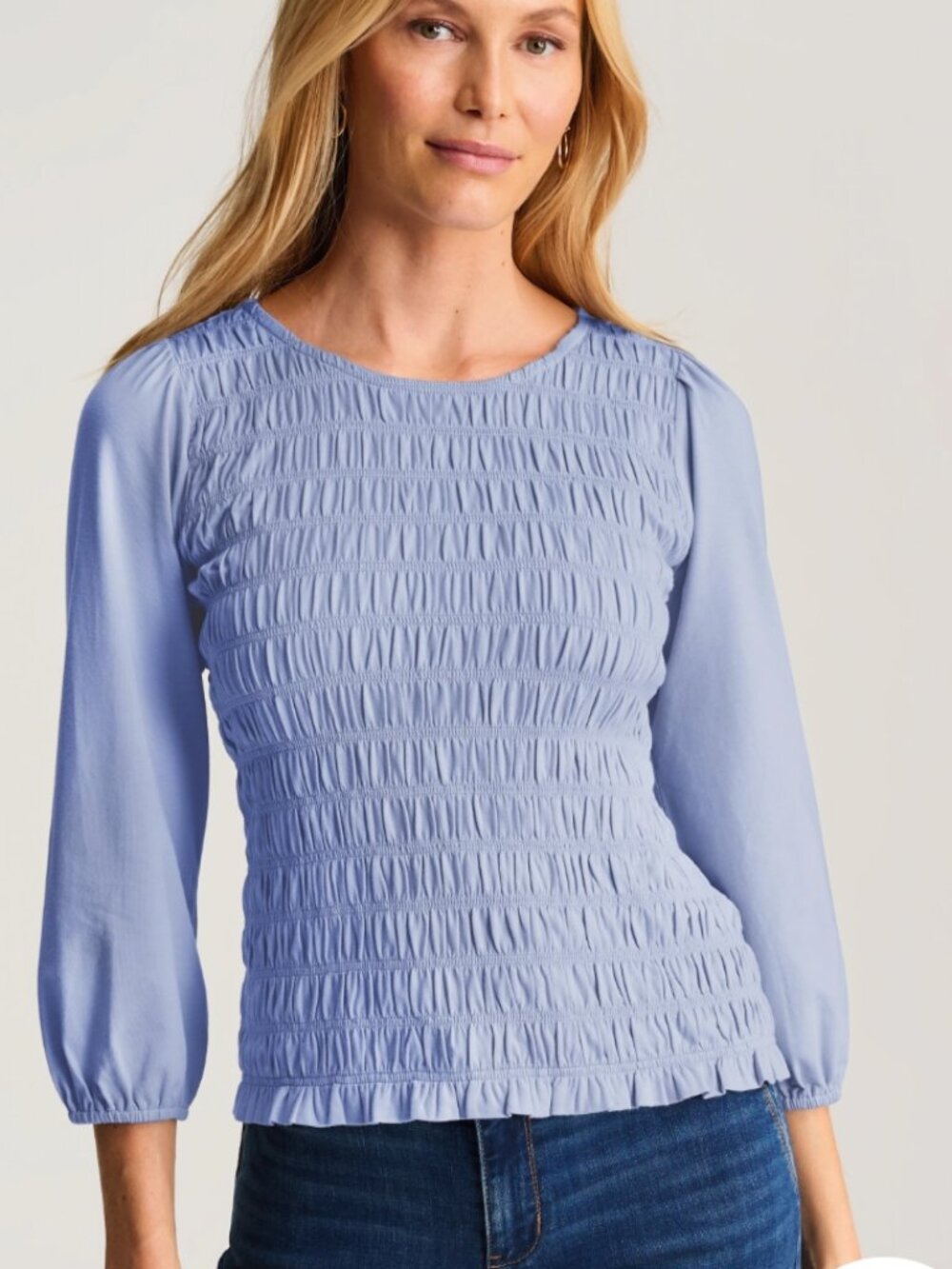 NWT J Jill Smocked 3/4 Sleeve Top Women's 2X Blue Cotton Blend Romantic Chic